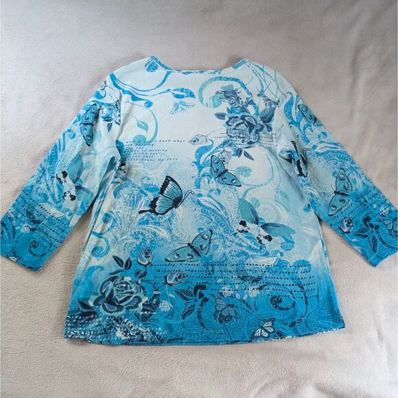 Y2K Grunge Butterfly Graphic T-Shirt Women's XL Blue Sparkly Print 3/4 Sleeve - Picture 3 of 8